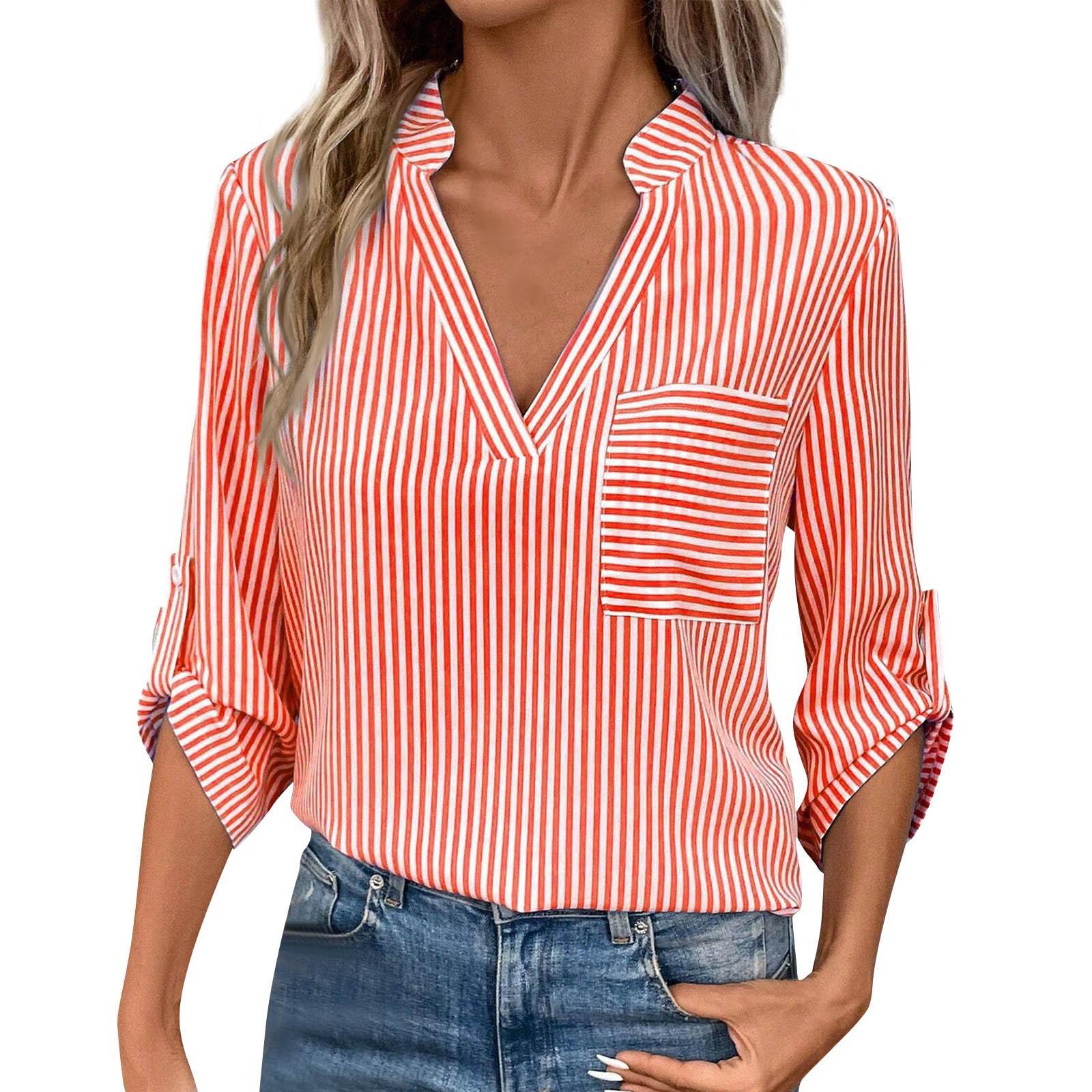 

Женский пуловер с v-образным вырезом, повседневная женская рубашка с длинными рукавами и принтом в полоску M красный