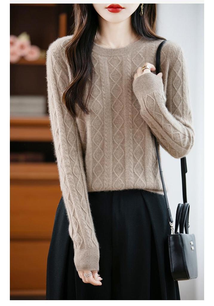 Australian Women's Retro Loose Wool Sweater - Diamond Cable Knit, Round Neck, 100% Pure Thick Wool, Autumn/Winter Collection