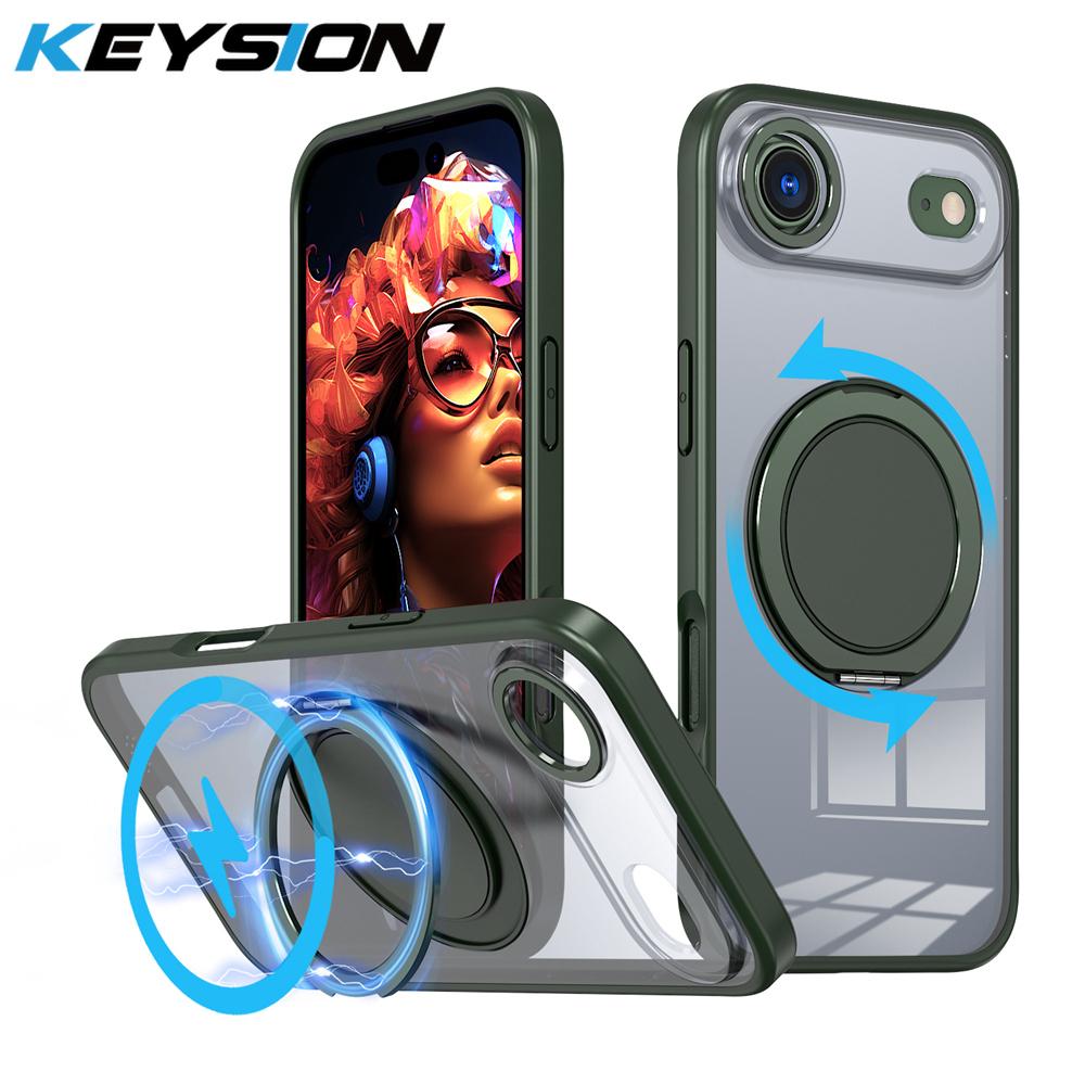 KEYSION Shockproof Matte Transparent Case for MagSafe for iPhone 17 17 Air 360° Rotating Magnetic Ring Stand Phone Back Cover