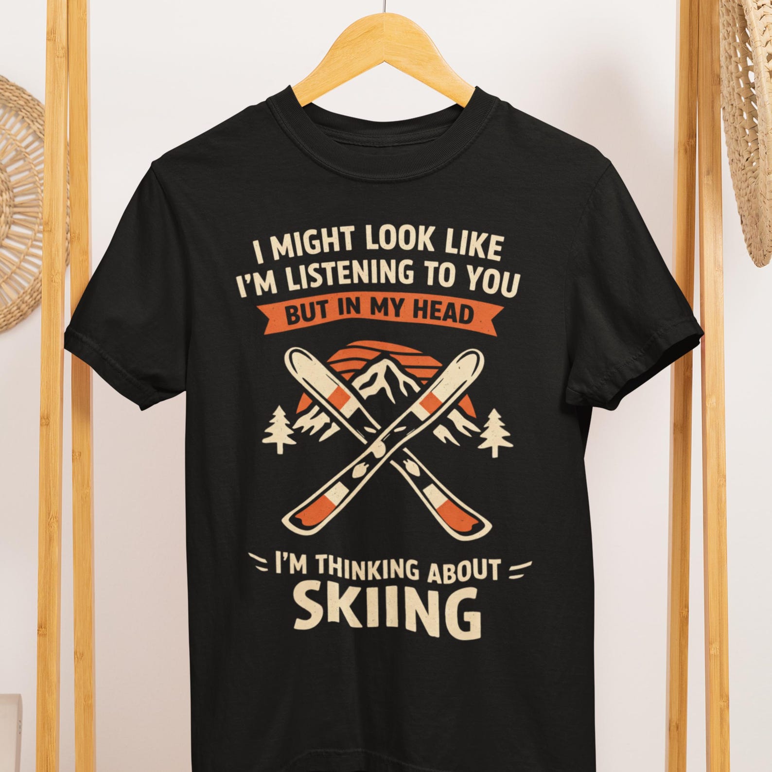 Funny Skiing T-Shirt: Thinking About Skiing Graphic Tee 3XL