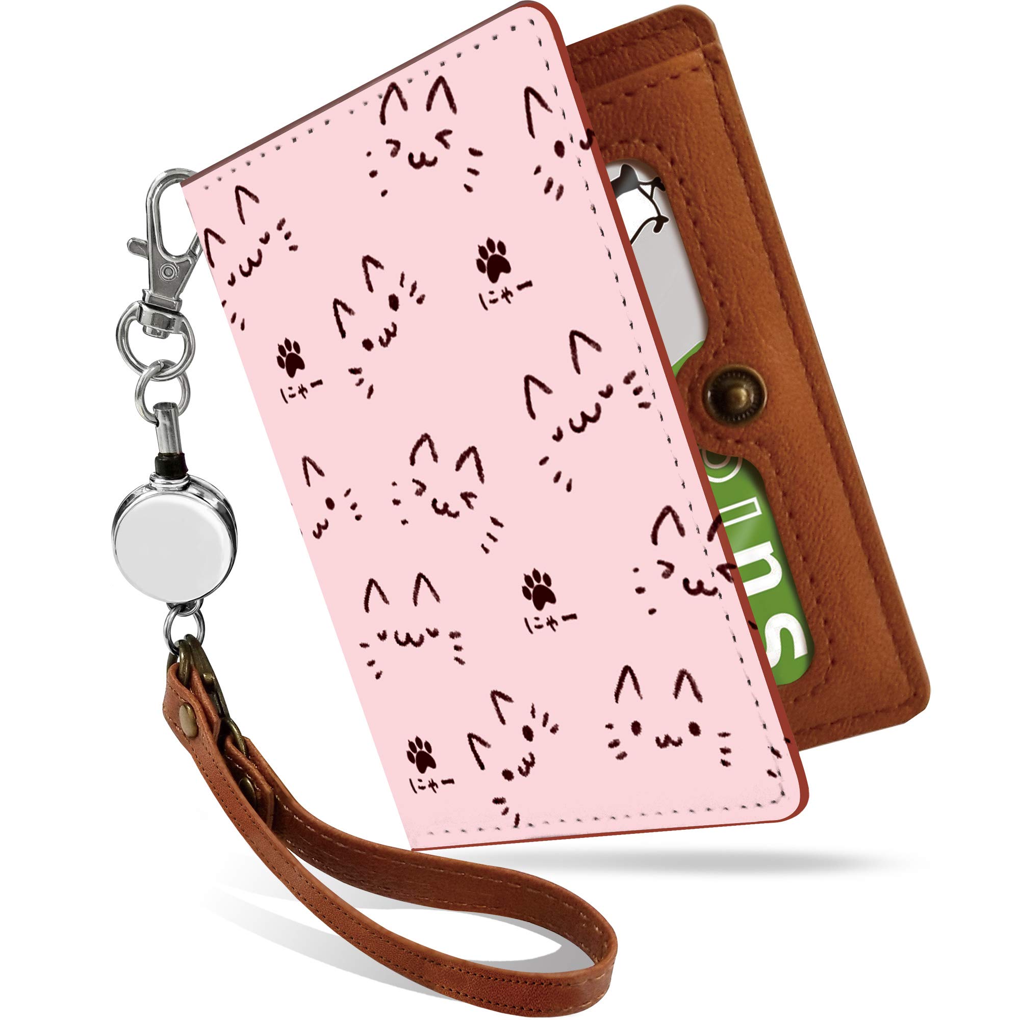 

[Pretimo] Pass Case with Reel, Cute Pink Meow Cat Design, Bifold, Hidden, Stylish, Women s, Cat Print, Paw Print Design, Pink [Meow Cat Pinkps]