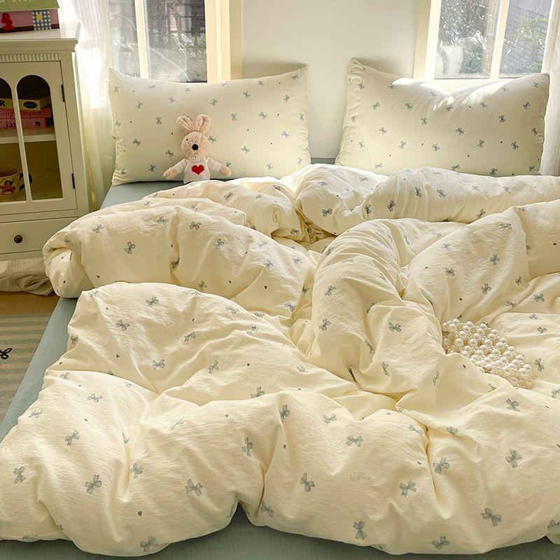 Ins Korean style bow knitted double-layer yarn soft four piece set, washed cotton quilt set, dormitory bed single three piece