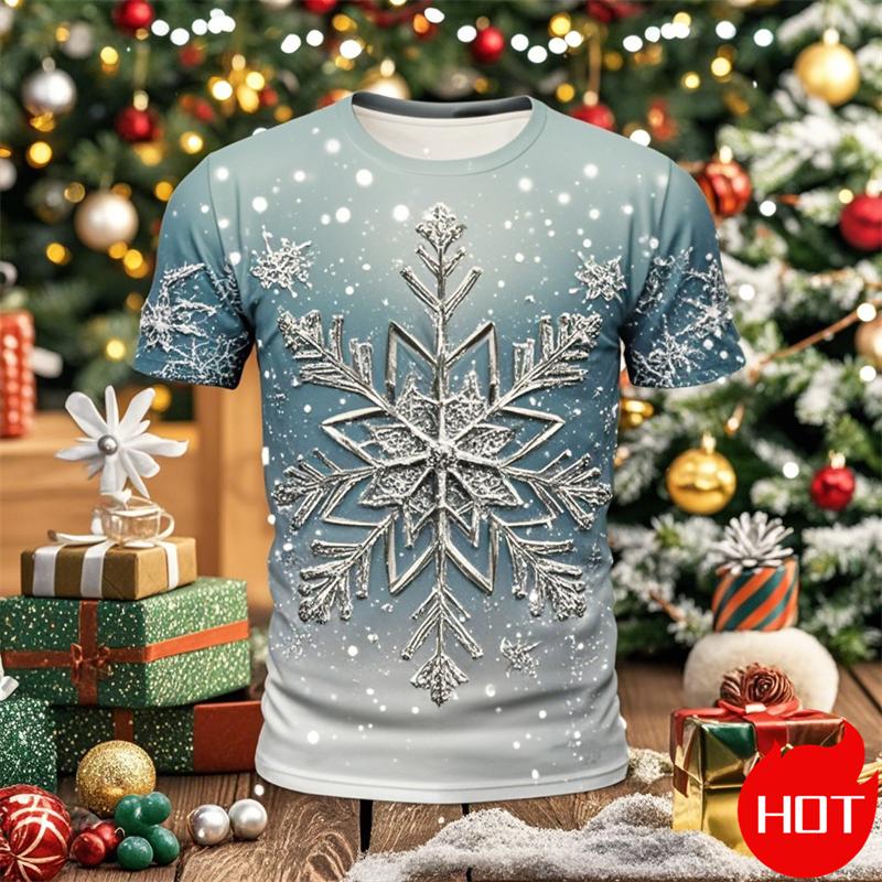 Funny 3D Snowflake Print Men's T Shirt Christmas Casual Loose Short Sleeve Tops Fashion New Year Gift