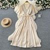 French heavy industry embroidery V-neck dress women's summer short sleeves waist thin A word temperament long dress vacation style