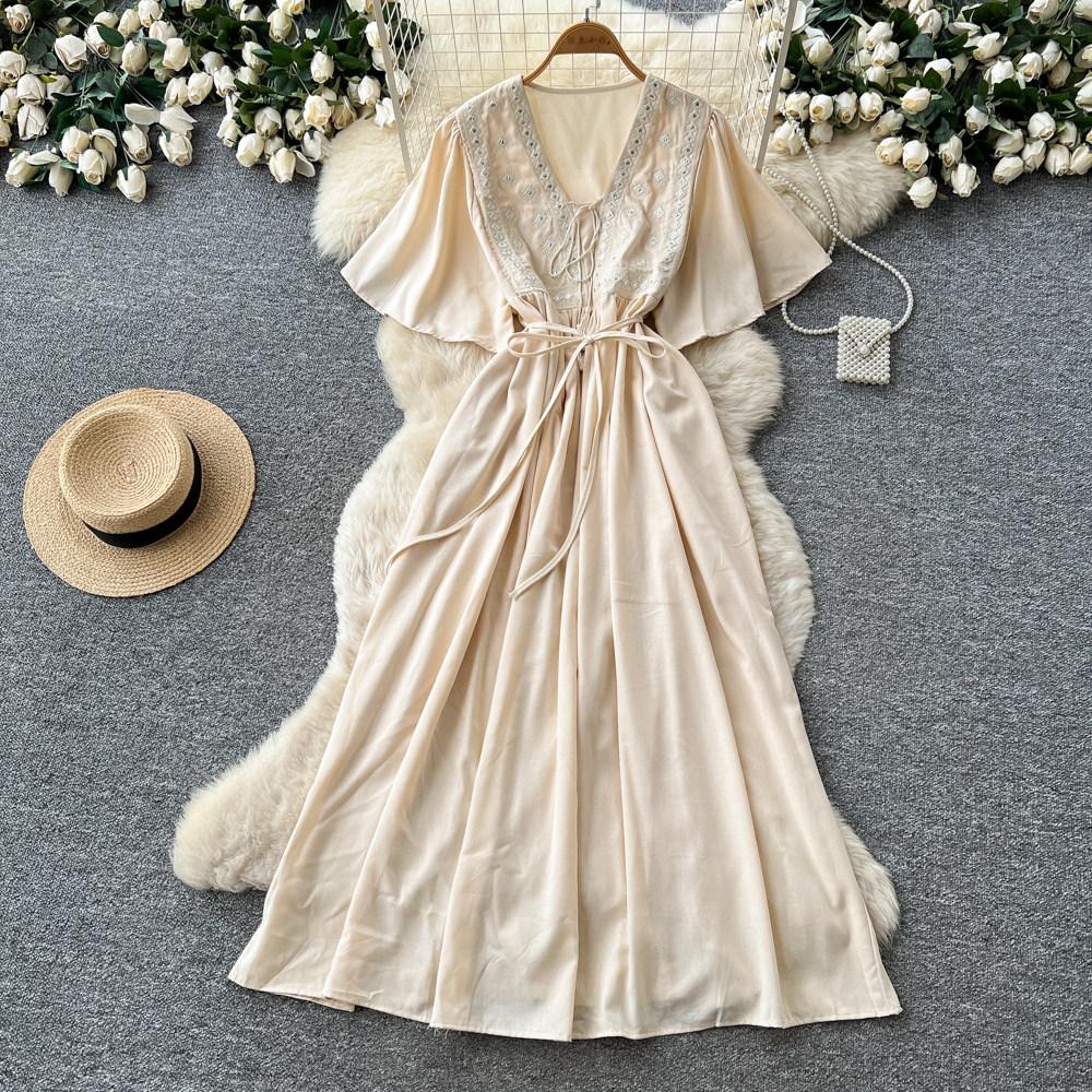 French heavy industry embroidery V-neck dress women's summer short sleeves waist thin A word temperament long dress vacation style