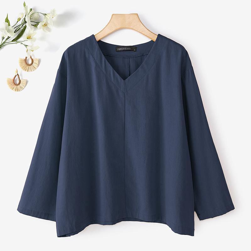ZANZEA Women Loose Casual V-Neck Solid Color 3/4 Sleeve Cotton Blouse