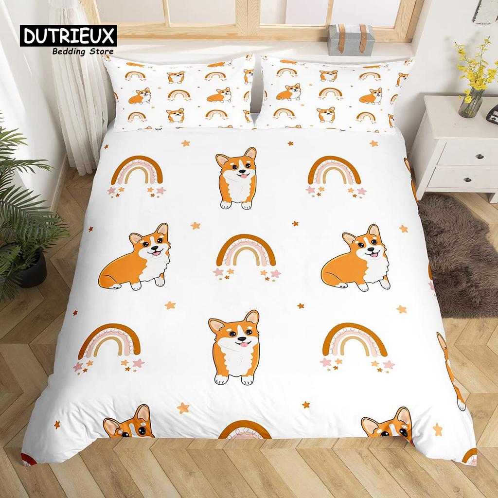 Cute Panda Duvet Cover Set Kawaii Rainbow Cartoon Animals Bedding Set Full Microfiber White Flowers Pink Heart Comforter Cover