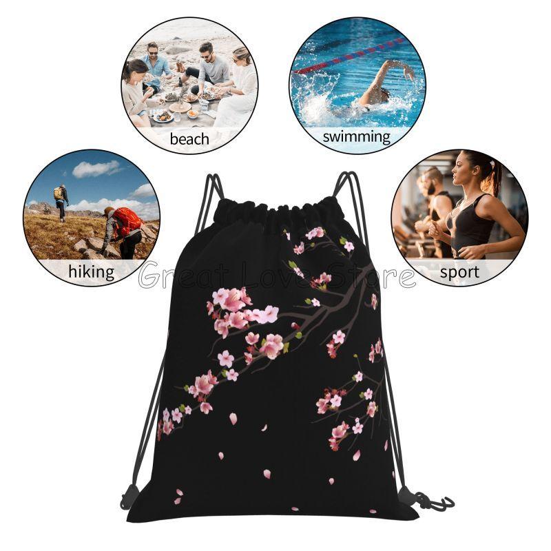 Japanese Sakura Cherry Blossoms Drawstring Backpack Women Lightweight Foldable Sport Gym Sackpack Portable Sacks for Training