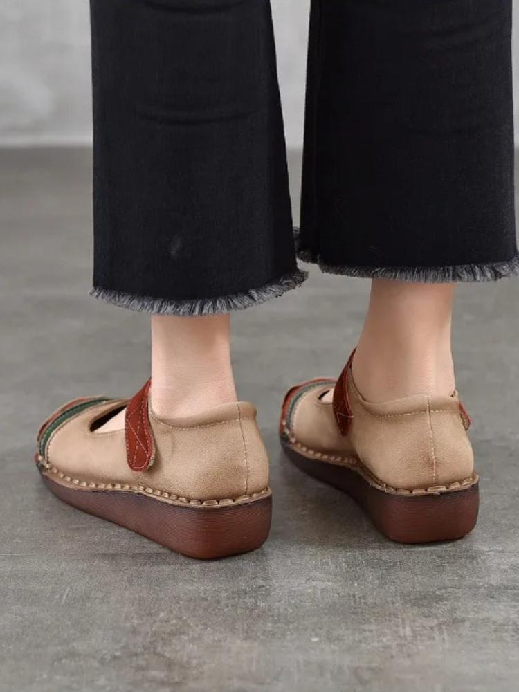 Johnature Retro Round Toe Genuine Leather Women's Shoes Cowhide Soft Sole Mixed Colors Wedge Heel Shoes