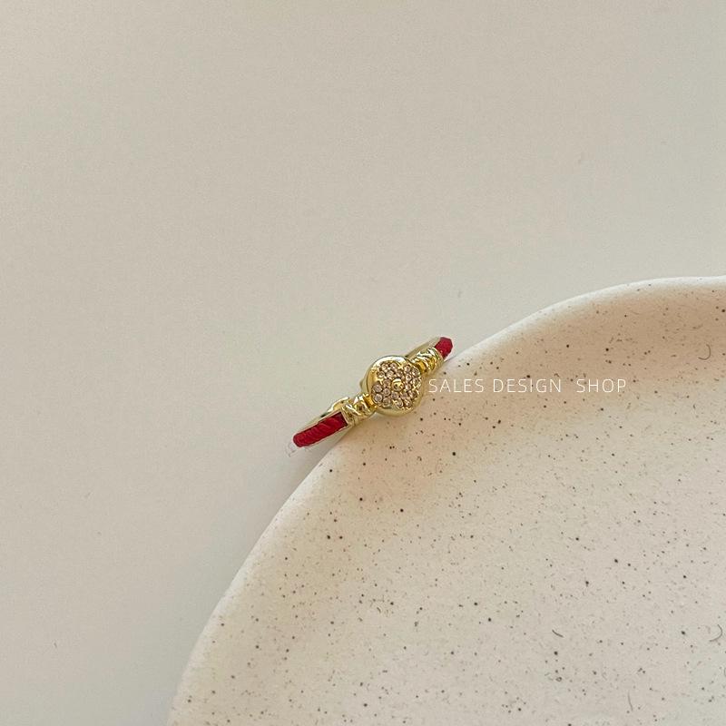 Elegant Red String Lucky Ring with Copper Coin and Micro-Inlays - Versatile, High-End Style for the Index Finger