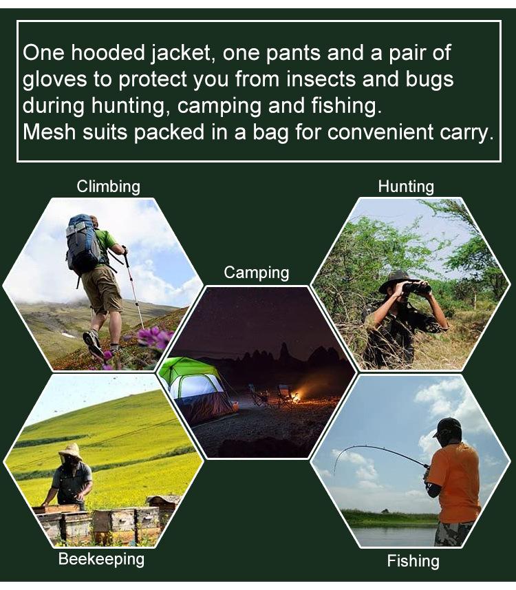 Utendørs 3-delt mesh myggsikker jakke Jungle Adventure Wild Fishing Myggbittbeskyttelse Jakke Hansker Bukser