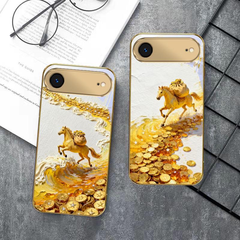 golden galloping horse For IPhone 17Pro Max 16 17 Pro 15 Pro 14 13 Plus 12 Mini 11Pro Max XR 16E 17 Air Golden glass phone case