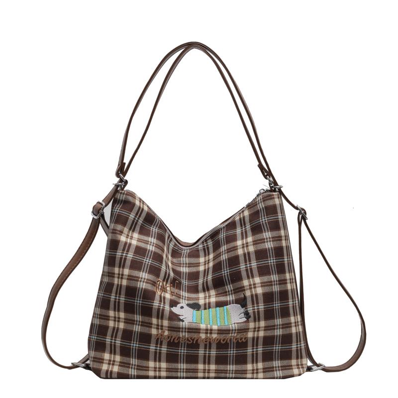 Large Capacity Backpack Women's Commuter Bag Plaid Tote Bag Cartoon Dog Shoulder Bag