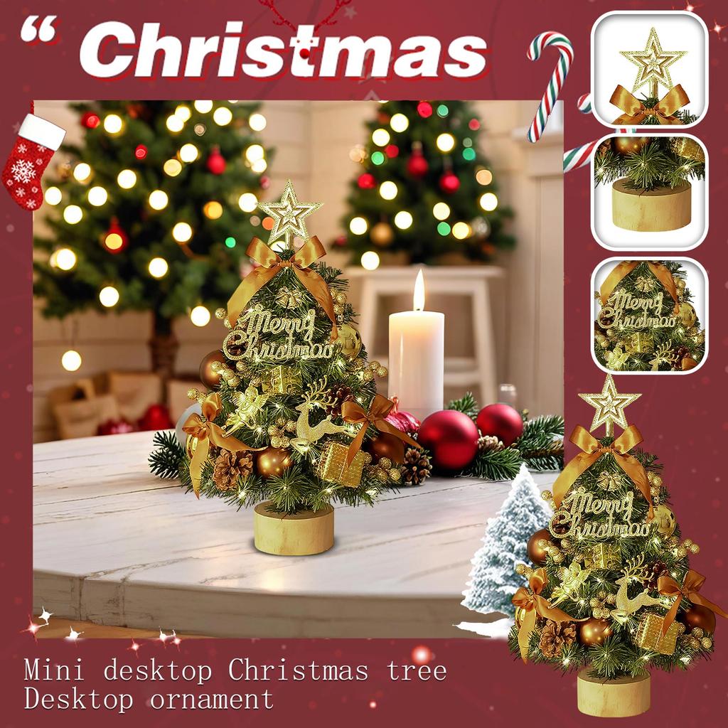 Desktop Christmas Tree, 18'' Table Top Christmas Tree With Wooden Base, Prelit Christmas Tree With Decorations For Indoor