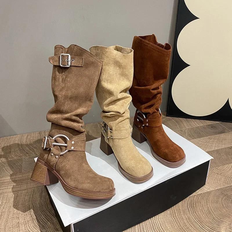 Fashion New Fold Women's Vintage Brown Metal Belt Buckle Western Cowboy Boots Square High Heel Long Boots Fashion Knight Boots 2025
