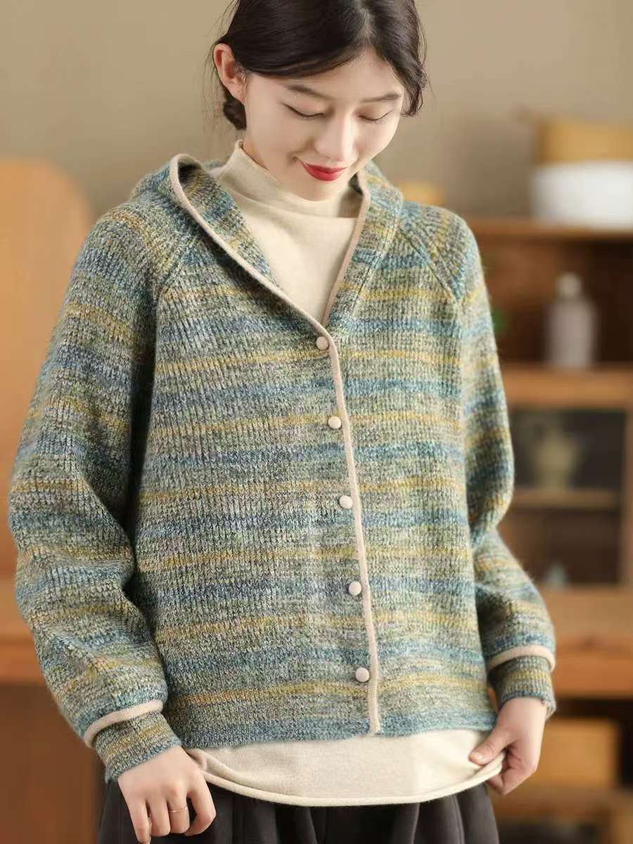 

Johnature Personality с капюшоном однобортный свитер женский зимний нишевый свободный модный свитер с длинными рукавами One Size зелёный