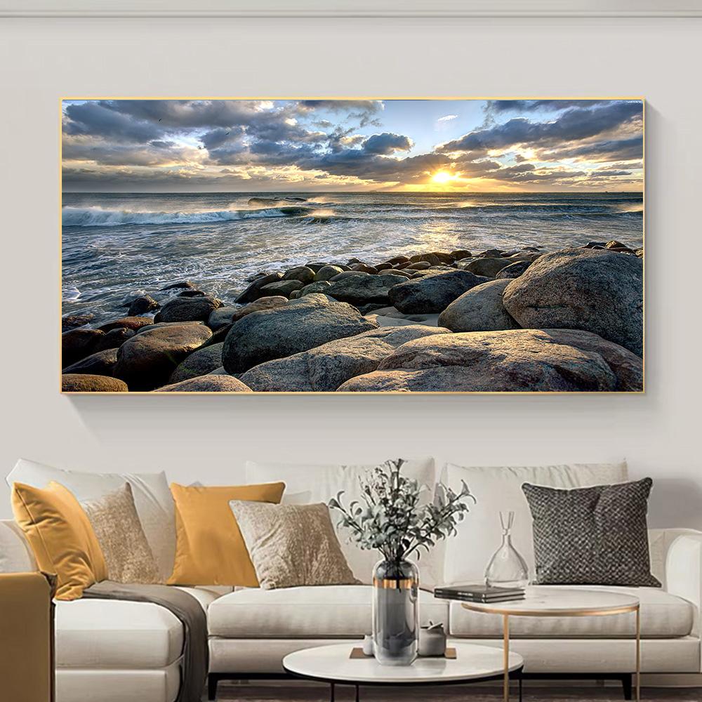 Nordic Sand plaża skały zachód słońca wybrzeże oceanu płótno malarstwo pejzaż plakaty i druki obrazy na ścianę Home Decor bez ramki