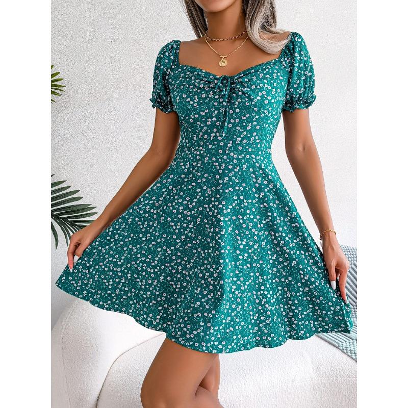 VEZFAA Damenmode Sommer Frühling Blumenmuster Druck Kurzarm Quadratischer Kragen Hohe Taille Freizeitkleider