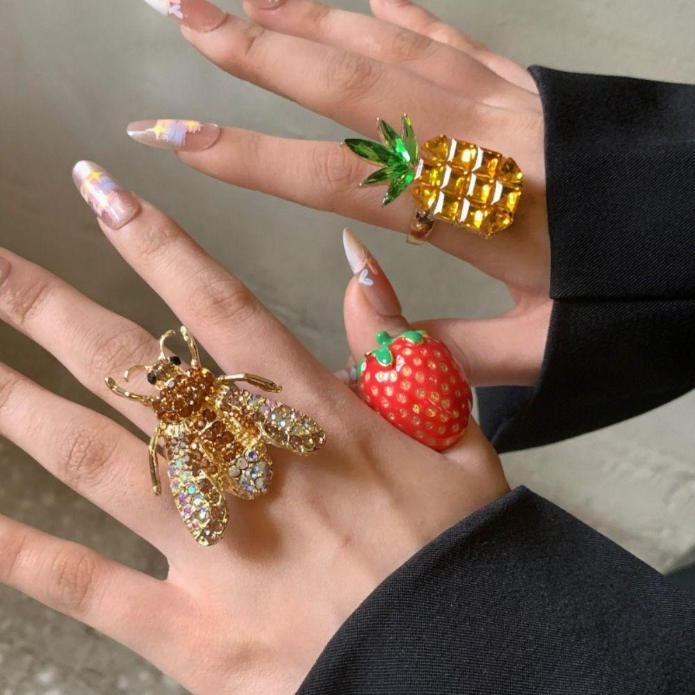 Strawberry Enamel Fruit Ring Korean Style Chunky Enamel Ring Cute Insect Drip Oil Ring  Couple