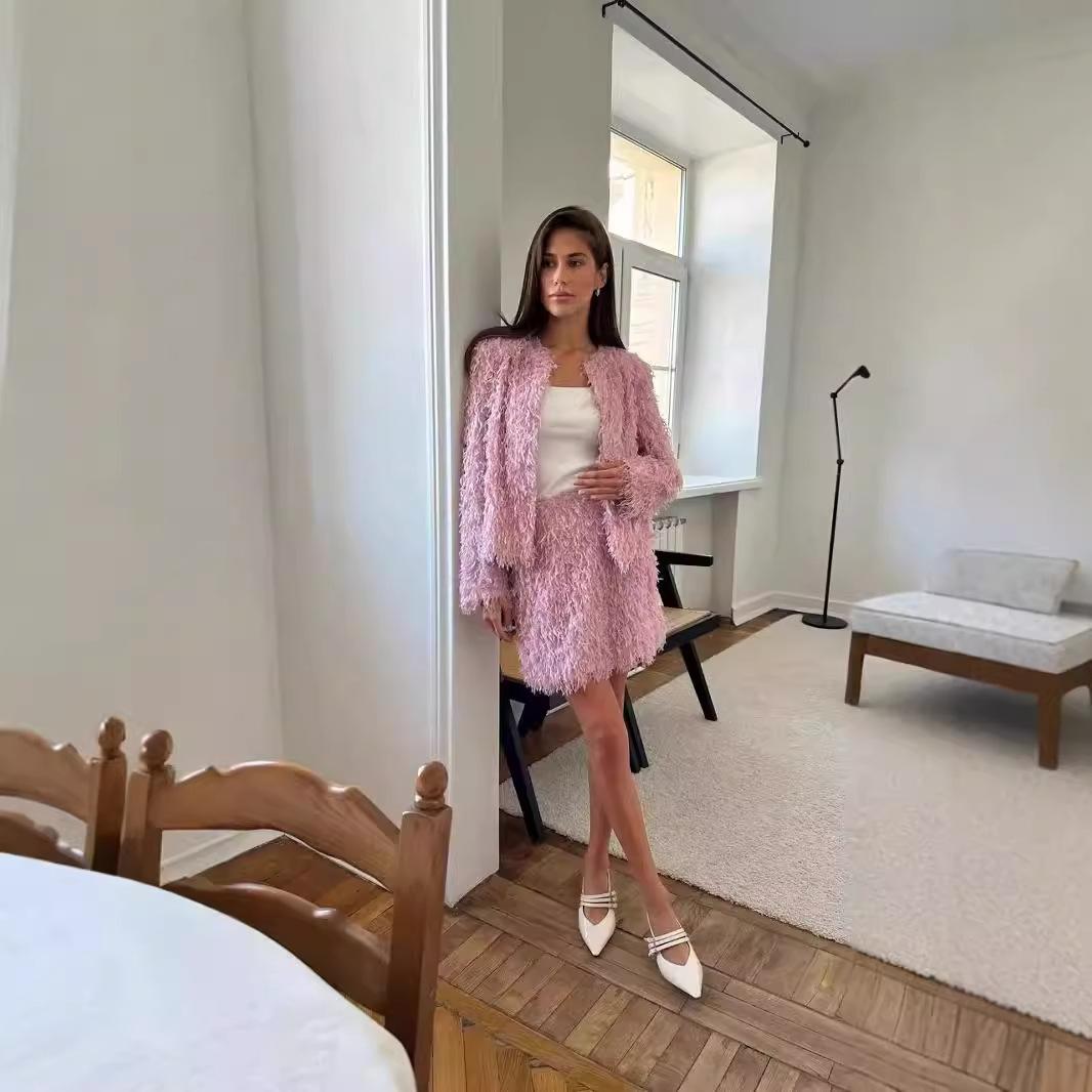 

Осенне-зимний комплект пальто с кисточками для женщин, элегантный комплект с коротким топом и юбкой L розовый