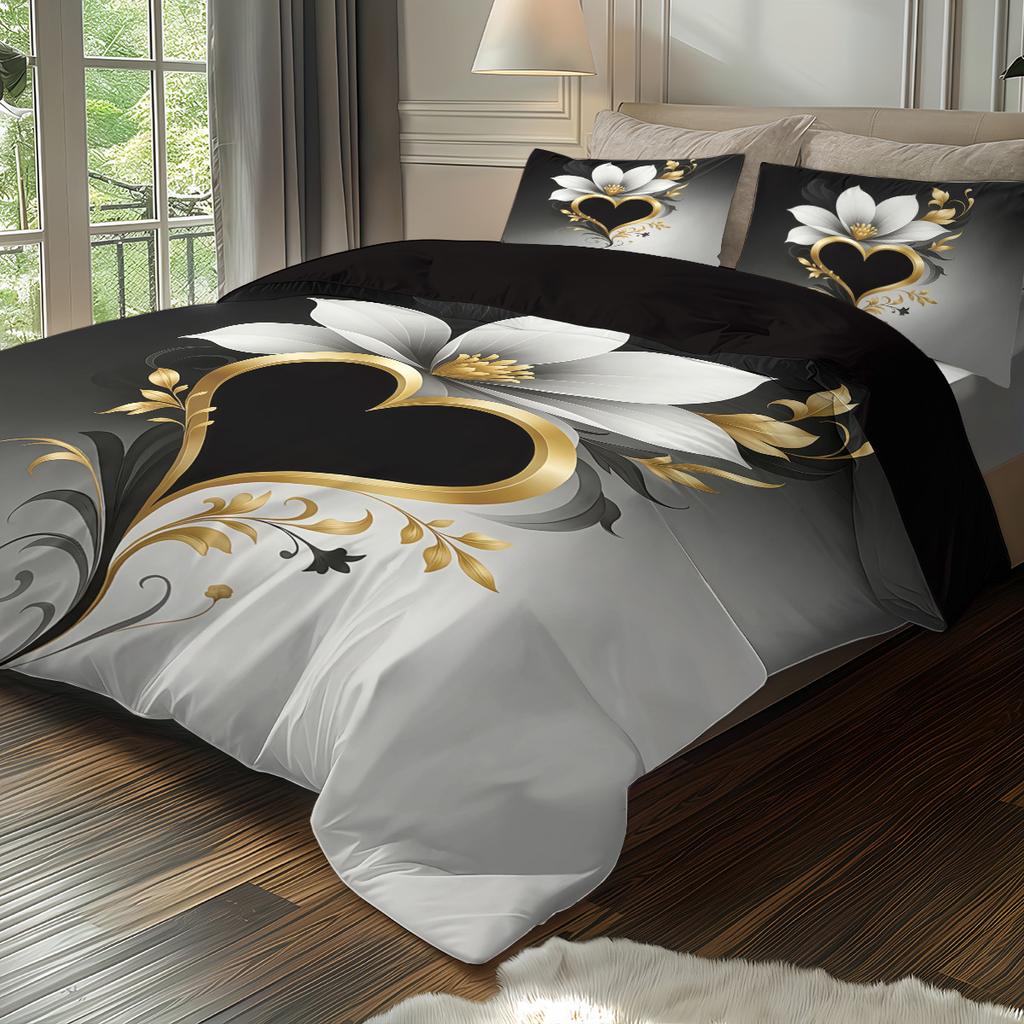 3pcs  Abstract Love Floral Design Print Pattern Bedding Set 1 Quilt Cover + 2 Pillowcases, No Core Retro Simple,
