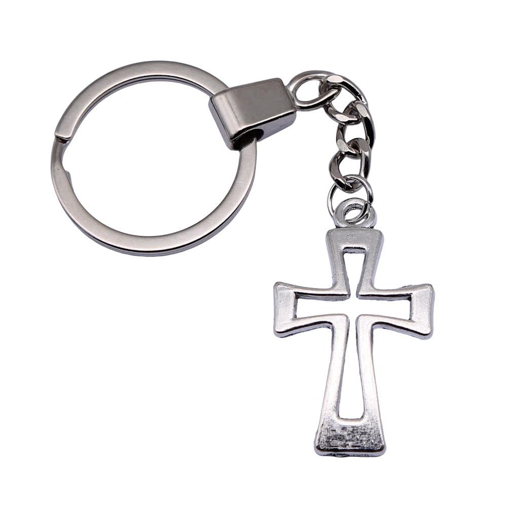 Gothic Floral Cross Keychain Religious Theme Pendant Key Ring 30mm Ring