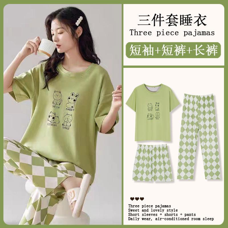Summer Korean Sweet Pajamas Women's Crew Neck Short-sleeved Three-piece Comfortable Women's Loungewear Spot Straight Hair