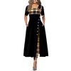 (S-5XL)  Women Plus Size O Neck Half Sleeve Stitching Plaid Irregular Hem Buttons Decor Maxi Dress