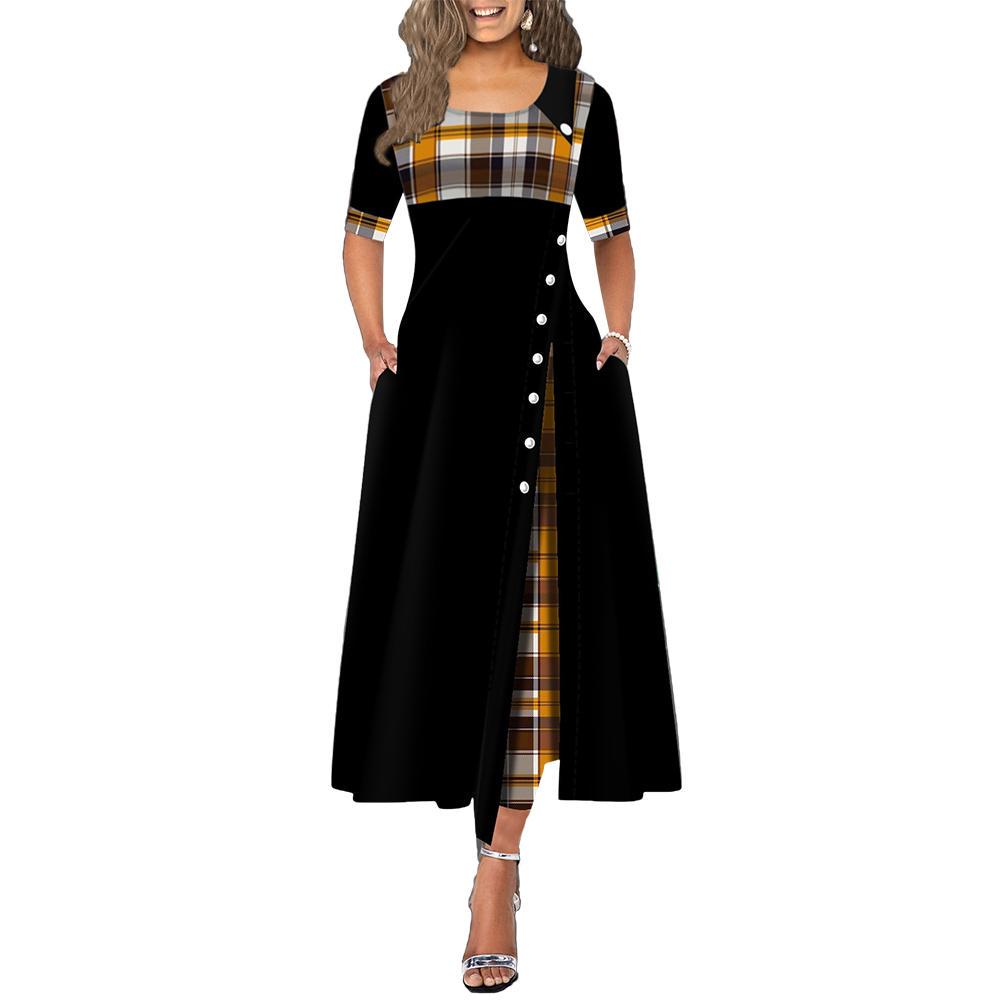 (S-5XL) Women Plus Size O Neck Half Sleeve Stitching Plaid Irregular Hem Buttons Decor Maxi Dress