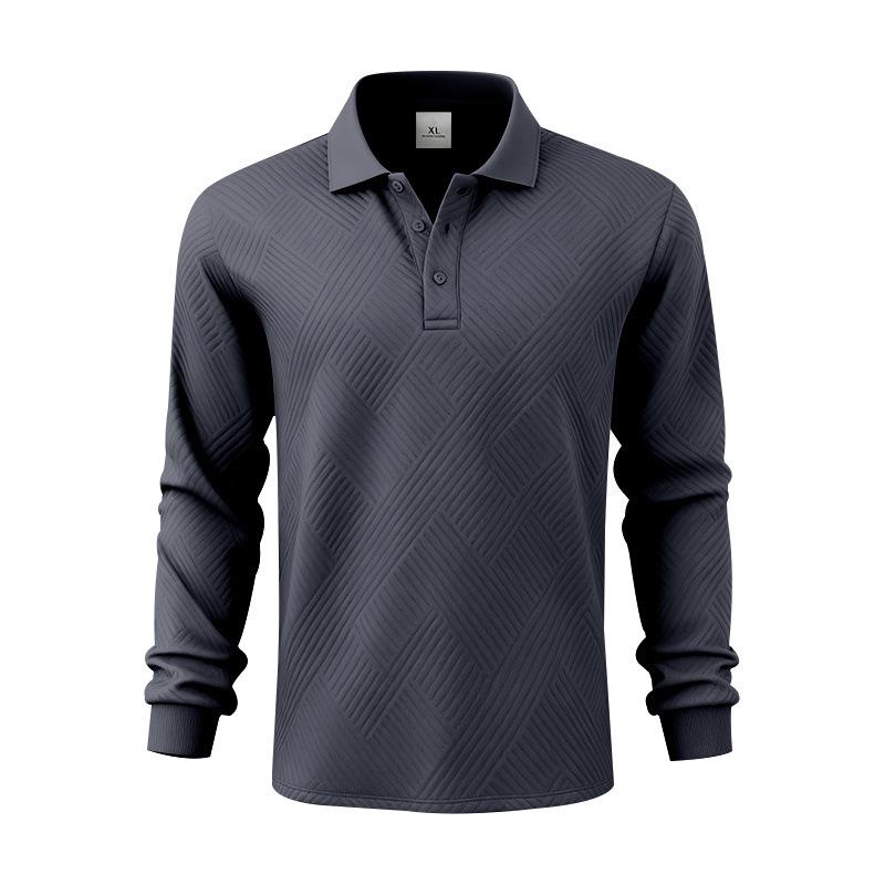 New Men's Solid-Colour Relaxed-Fit Casual Polo Shirt Long-Sleeved Button-Down Collar Jacquard Textured Sweatshirt
