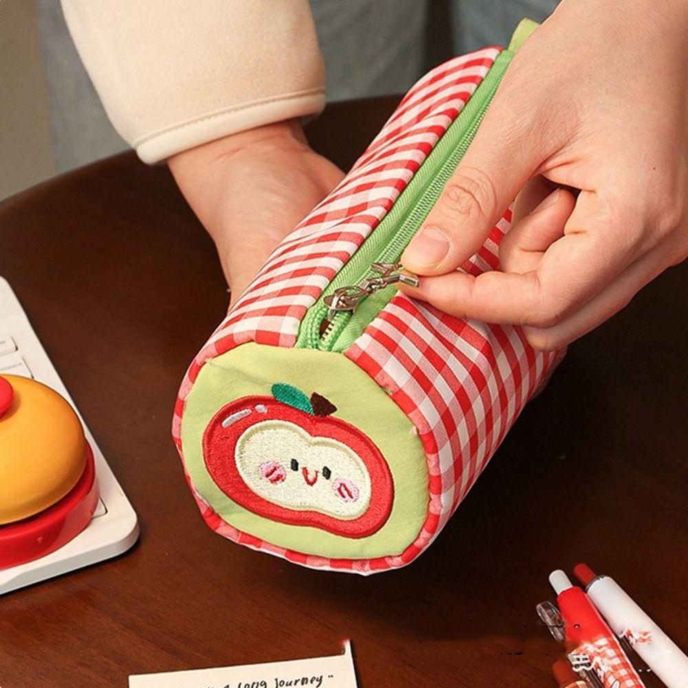 Desk Storage Bag Pencil Case Pouch Cake Roll Plaid Pen Bag  School Office Supply