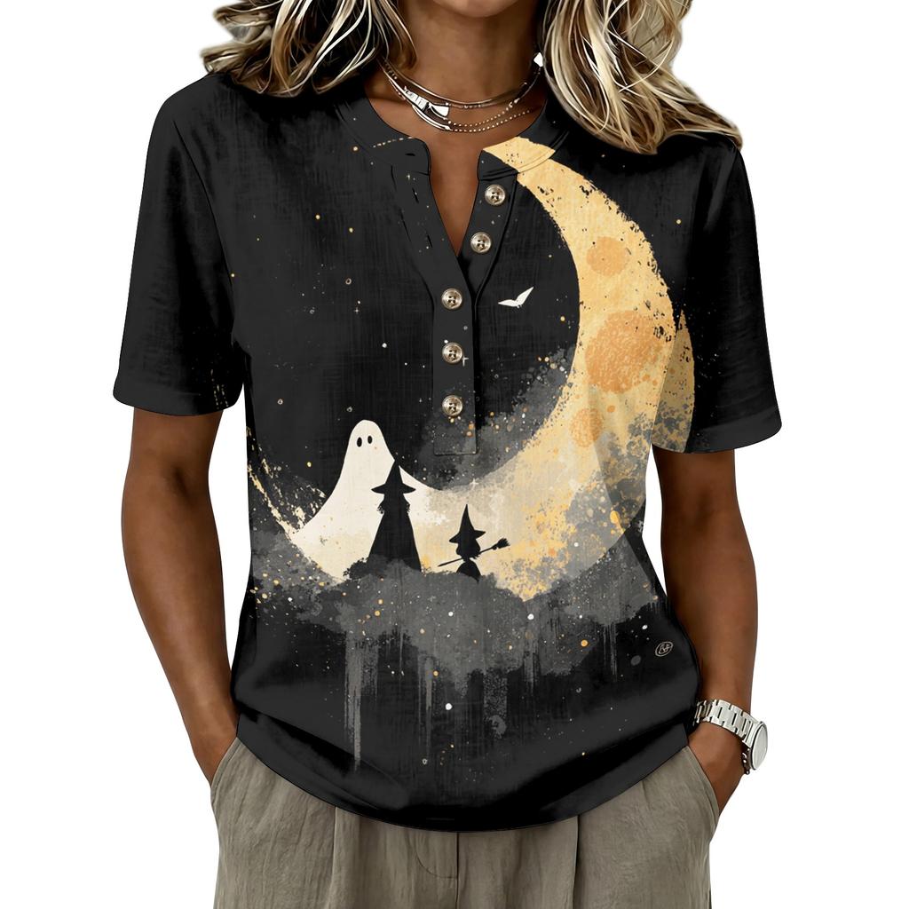 Women's Short Sleeve Button Down Shirt, Halloween Print, Cotton Linen , Casual Summer Top