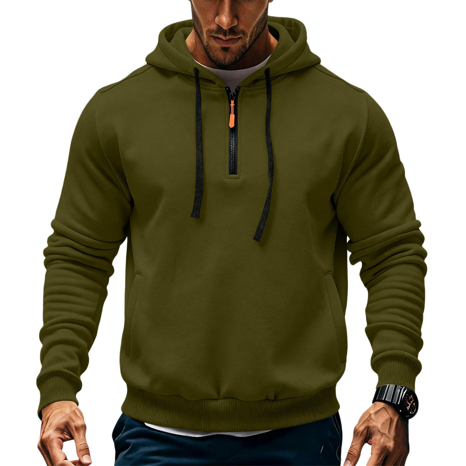 

Men s Fleece Hoodie Casual Long Sleeve 1/4 Zipper Pullover Sweatshirts L армия зеленый