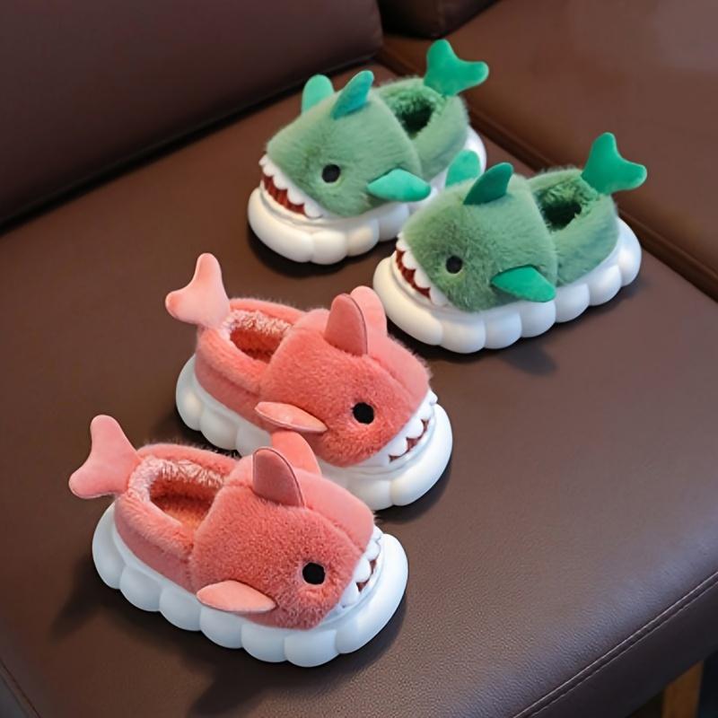 1 Pair Youngsters' Shark Plush Slippers - Soft Fleece-Lined Slip-On Indoor/Outdoor House Shoes with Cartoon Shark Design, Non-Slip PVC Sole