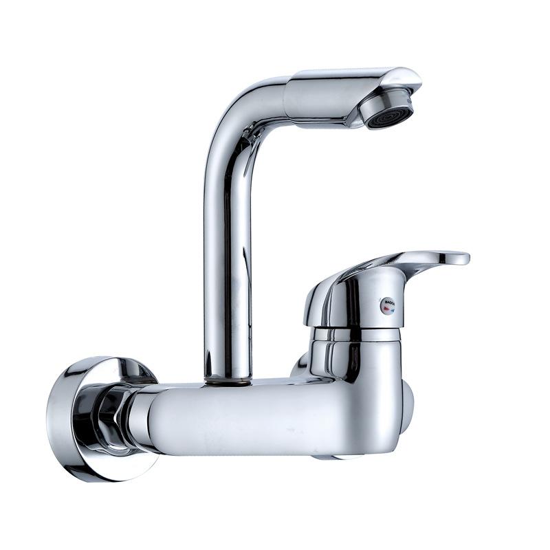 Wandmontierte Küchenarmatur Messing Chrom Zwei-Loch Heiß Kaltwasser Mischbatterie Schwenkbarer Auslauf Wischbeckenhahn