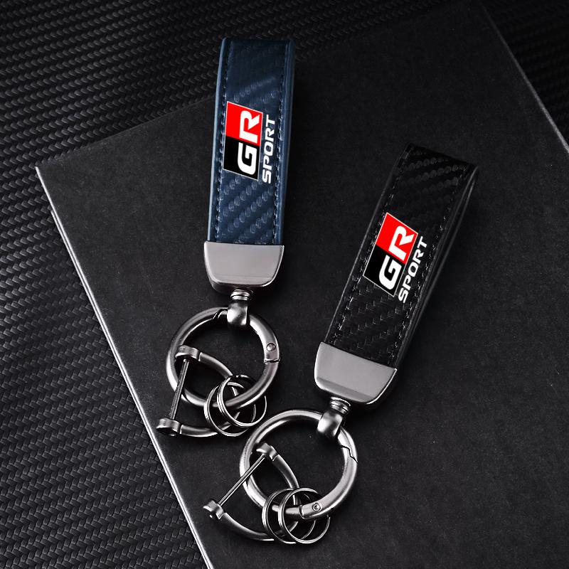 Carbon fiber Car Keychain Key Ring Metal Leather For Toyota GR Sport Gazoo Racing Yaris 86 Corolla Hilux Supra C-HR Accessories