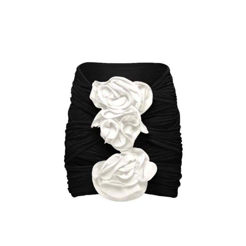 Swimsuit women s three-dimensional flower decoration hollow solid color sexy one-piece swimsuit set skirt (s-m)