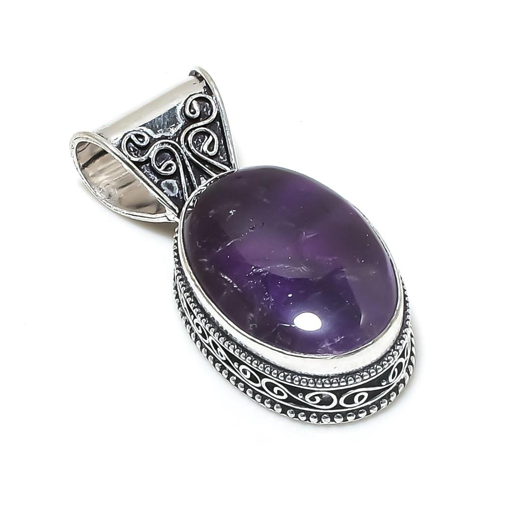 Natural Amethsyt Gemstone Silver Pendant in 925 Sterling Silver - Handmade Oval Design, Everyday Wear Jewelry Burthday Gift