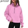 BITCED Autumn/Winter Women's Half-Zip Short-Sleeved Stand Collar Fleece-Lined Solid Colour Sweatshirt