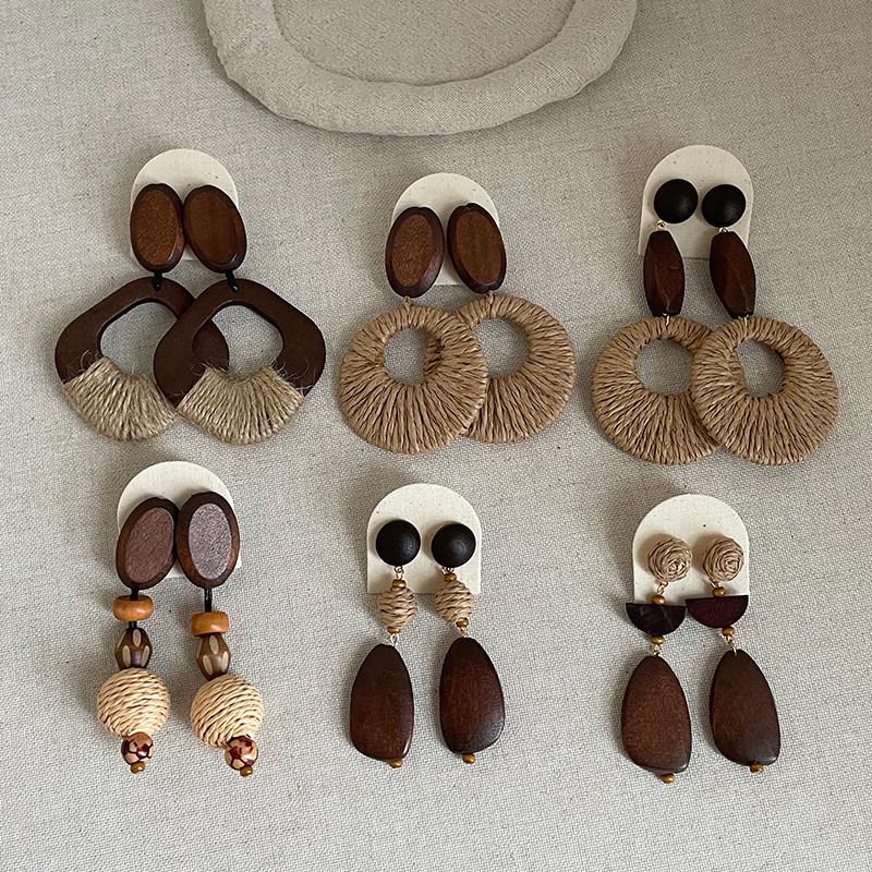 Boho Retro Strohgewebte Holzohrringe - Trendiger, Personalisierter Resort-Style Schmuck für Damen