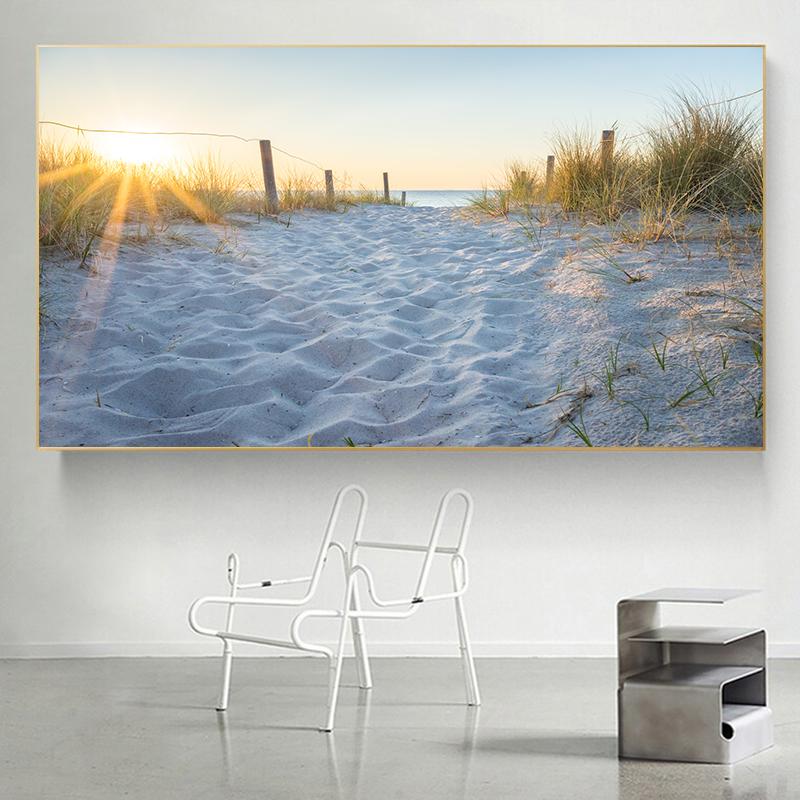 Modern Blue Sun Beach Grass Ocean Seascape Canvas Painting Landscape Posters and Prints Home Decor for Living Room Decoration