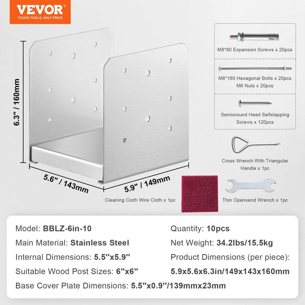152.4x152.4 Post Base, 10Pcs Stainless Steel Adjustable Post Anchor Bracket(Internal 150 x 139.7), Adjustable Post Base for Pavilion Deck Porch