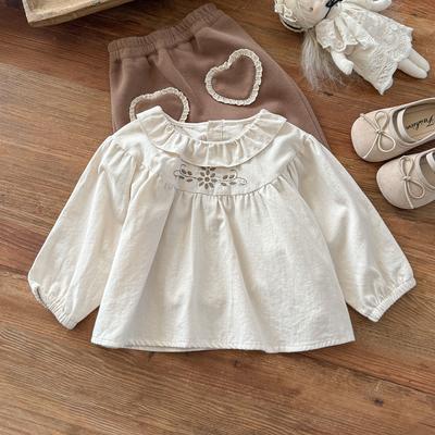 Mädchen Frühling Herbst Besticktes Langarmhemd Rüschenkragen Baby Freizeit Mode Oberteil Bluse