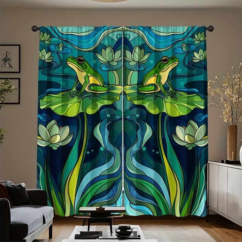 Curtains Are Hand Painted Depicting Frog Sitting Lotus Leaf Tranquil Lake Background Shades Set Of 2 Made Polyester