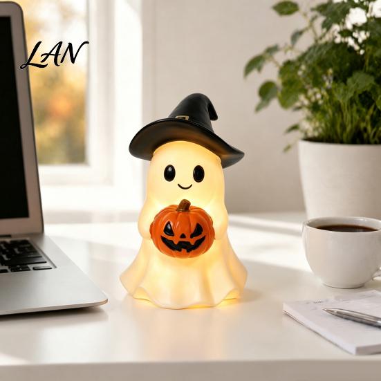 Halloween Ghost Figurine Figurine, Cute Resin Holding Pumpkin Healing Room Accessory Statue for Desk Tabletop Indoor Home Decor Whimsical