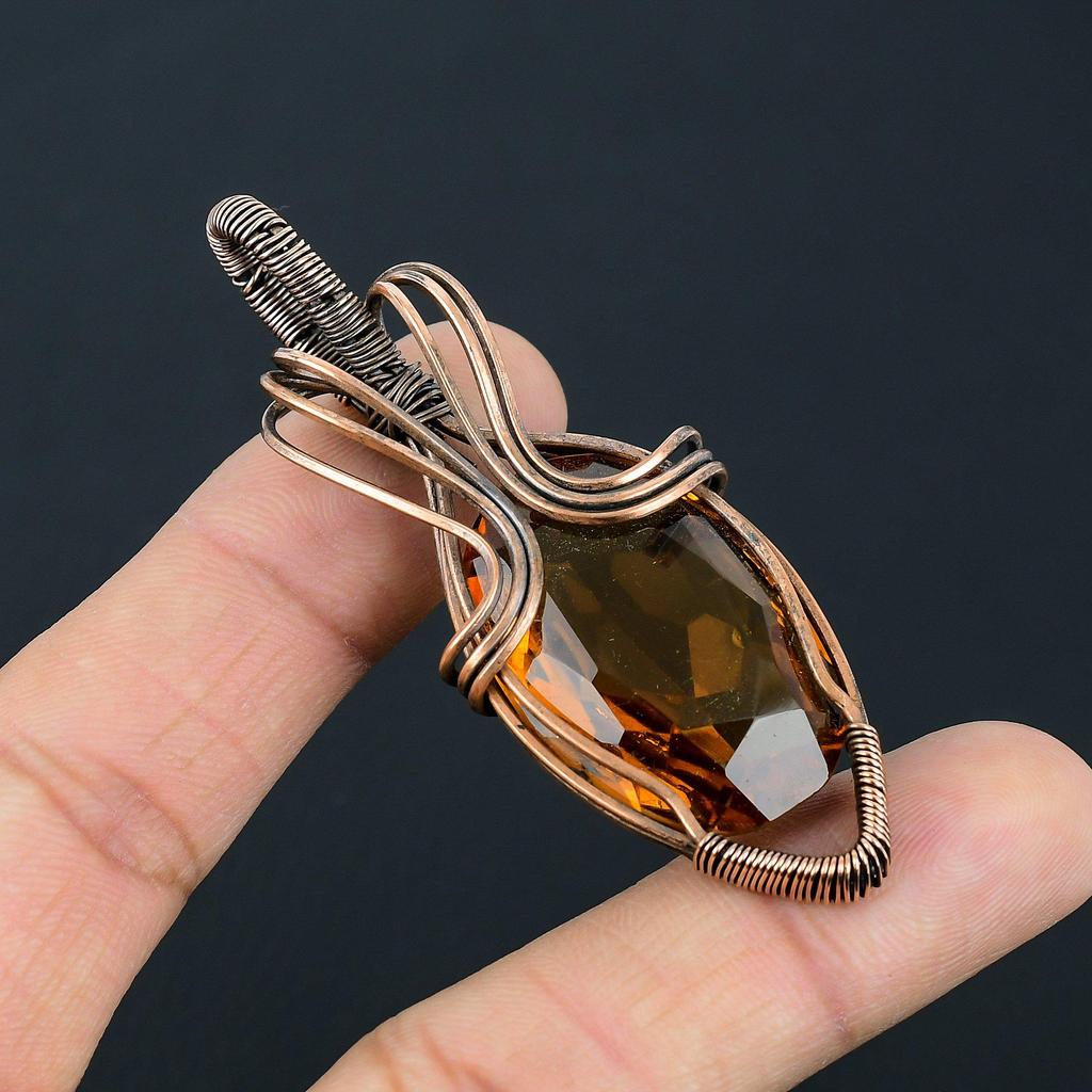 Honey Topaz Gemstone Handmade Pure Copper Wire Wrap Jewelry Pendant For Thanksgiving
