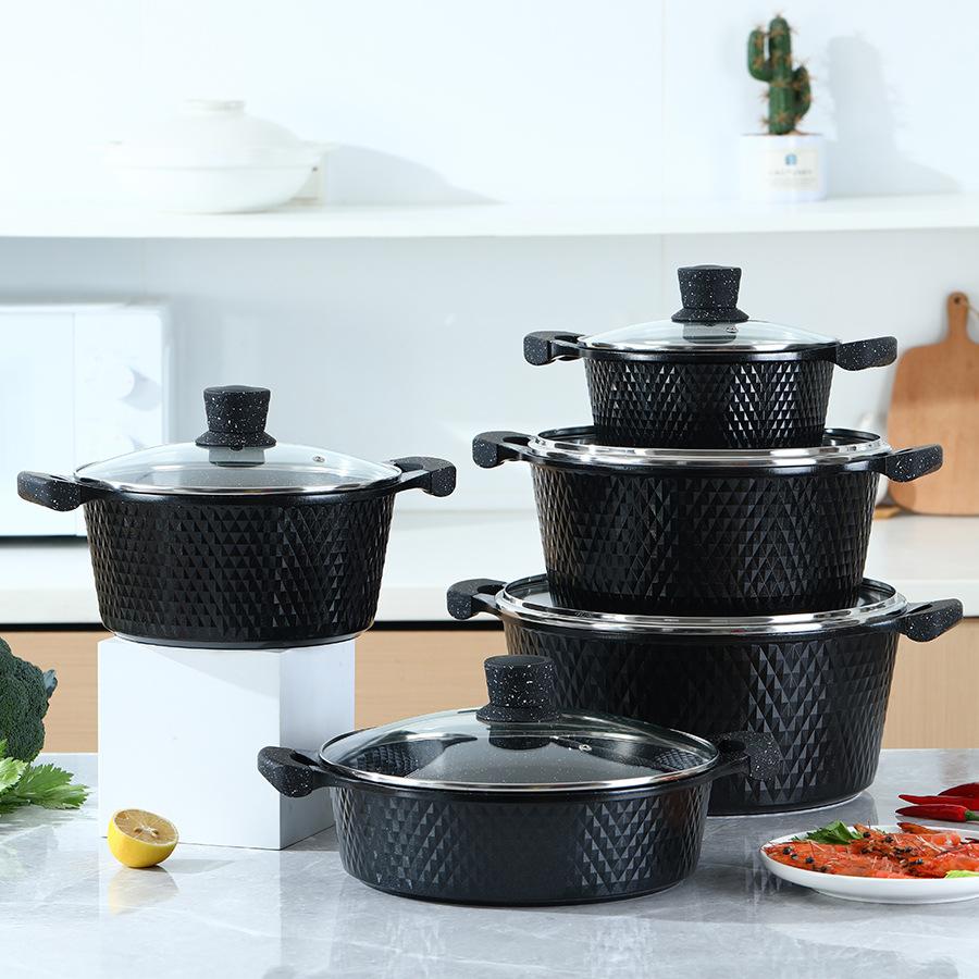 Hotel Forged Aluminium Alloy Cookware Sets Marble Non Stick 10 Pcs Cooking Pots and Pans Kitchenware with Glass LID
