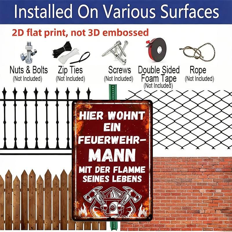 2D Flat 1pc Vintage German Firefighter Aluminium Wall Art Sign, 8x12 Aluminium Rustic Home Decor Fire Station