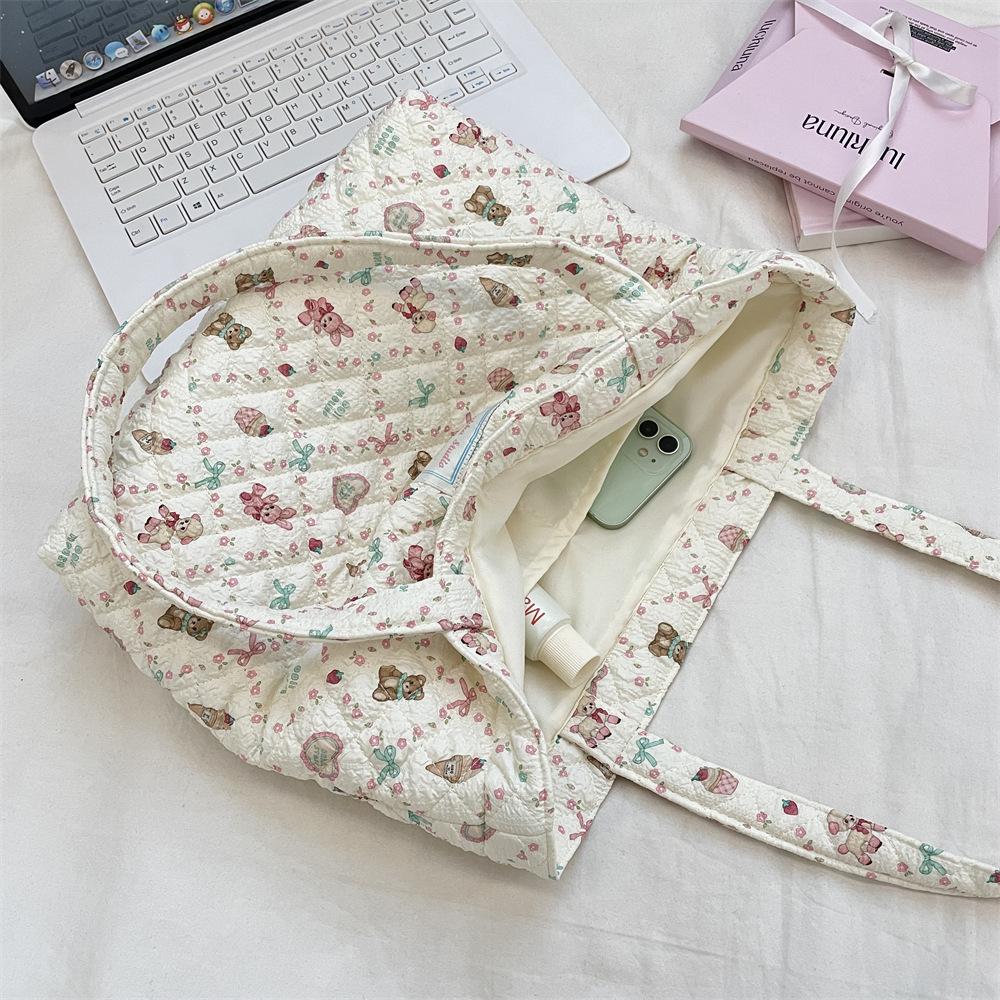 Carto Print Women Quilted Shoulder Bags Cute Floral Large Capacity Ladies Shopper Bags Portable Female Clutch Purse Handbags