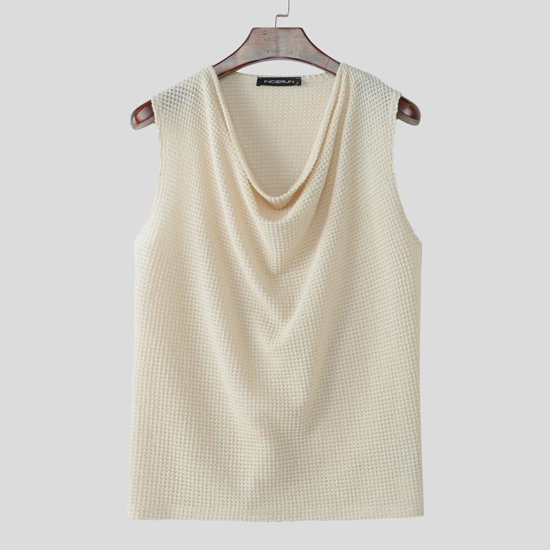 INCERUN Men Swing Collar Sleeveless Semi-Sheer Waffle Texture Fitted Tank Tops